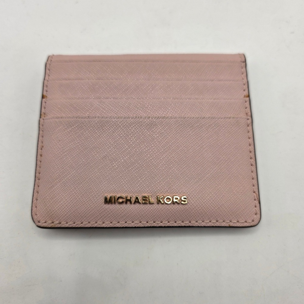 Michael Kors Pink Saffiano Leather Bifold Card Case Wallet Gold Logo